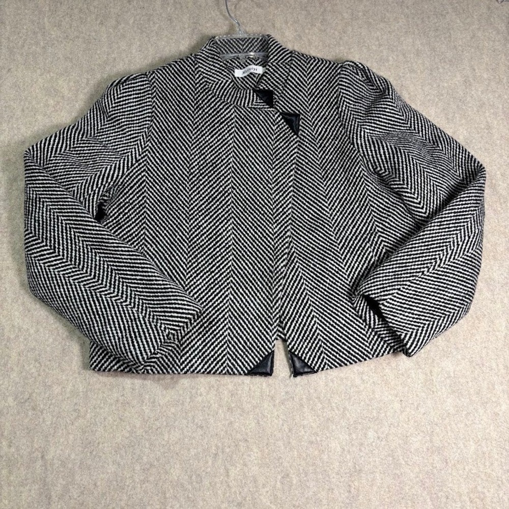 Meiyiyi Herringbone Jacket Womens Small Black White Tweed Asymmetric Preppy Chic